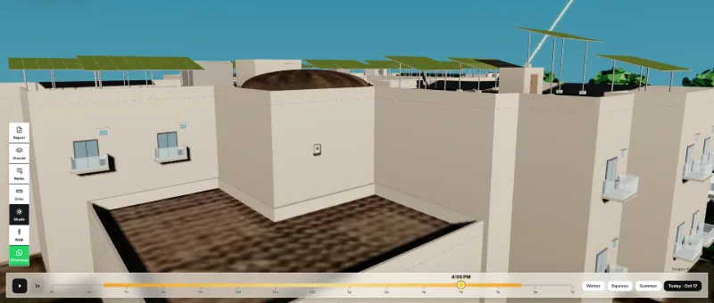 Solar Draft 3D shading analysis: courtyard view with shaded walls below the panels