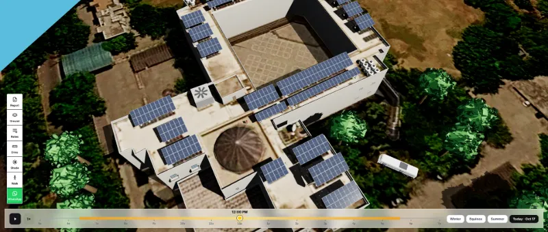 Solar Draft 3D solar design: close aerial view of panel rows next to a dome and water tanks