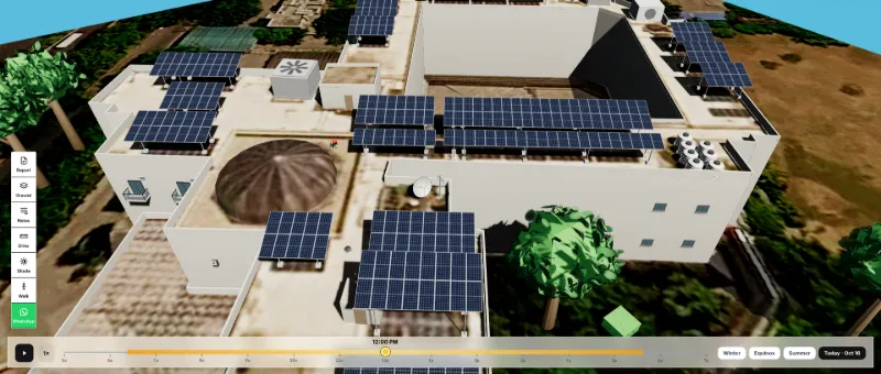 SolarDraft 3D solar design: aerial view of elevated panel rows on mounting structures above the roof