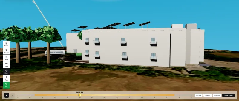 Solar Draft 3D solar design: side view with the morning sun's rays falling on elevated panels