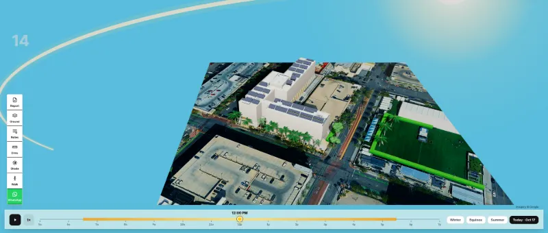 SolarDraft 3D solar design: sun path arc with hour markers over a commercial rooftop solar design