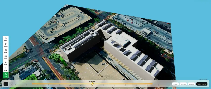 Solar Draft 3D solar design: aerial view of a commercial building with rooftop solar on the satellite map