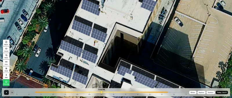 Solar Draft 3D solar design: close top-down view of panel blocks on two roof levels