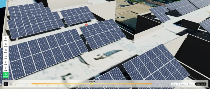 SolarDraft 3D solar design: close-up of rooftop panel arrays on a commercial building