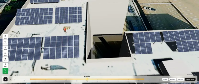 Solar Draft 3D solar design: panel arrays on two roof levels around a light well