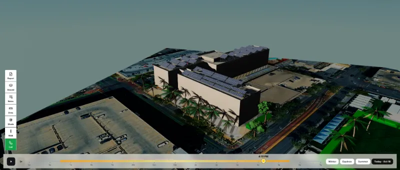 Solar Draft 3D solar design: evening view of the commercial site with rooftop solar
