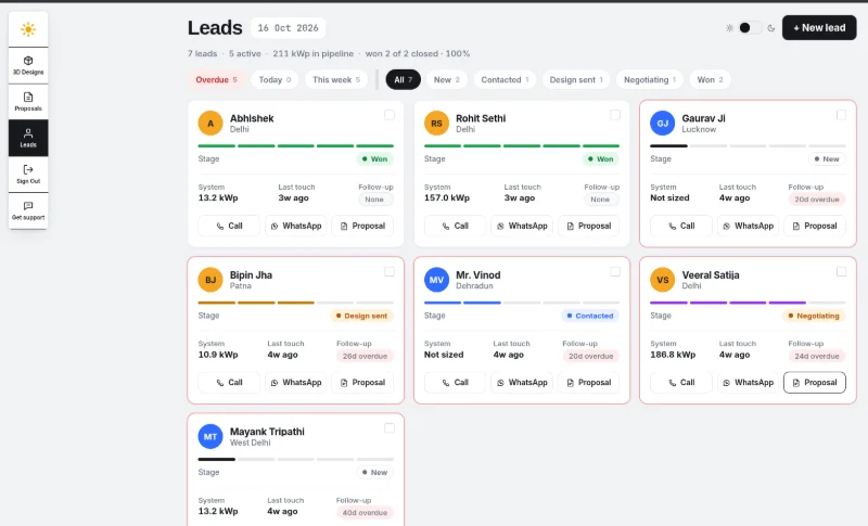SolarDraft CRM lead management: all leads with stage, system size, last touch and follow-up