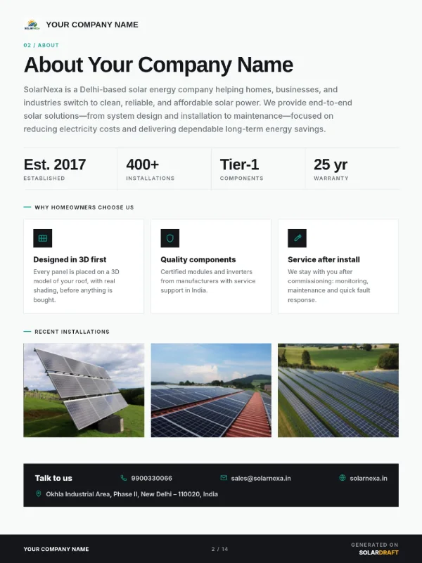 Solar Draft solar proposal, page 2 of 14: about-the-installer page with company highlights