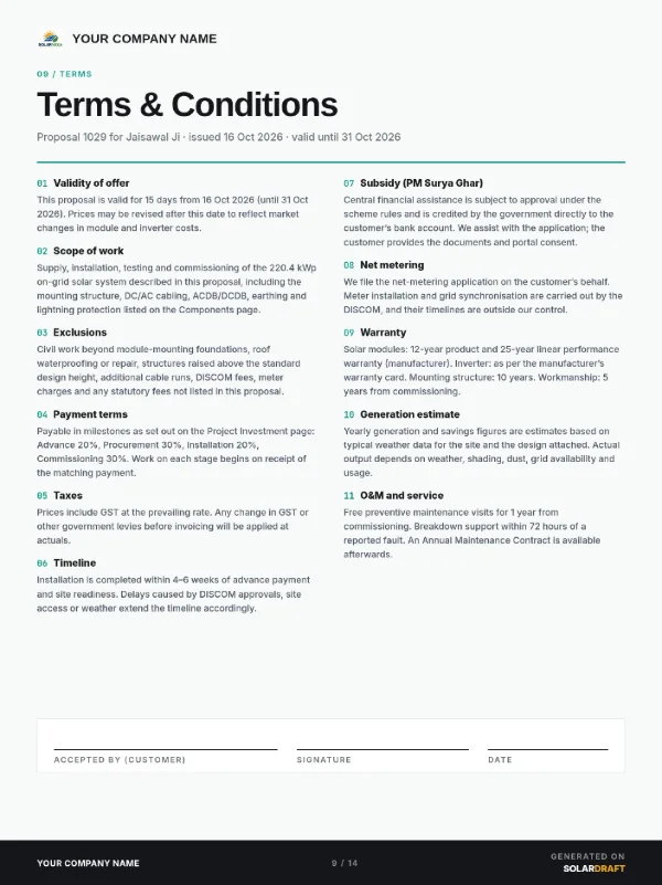 SolarDraft solar proposal, page 9 of 14: terms and conditions page