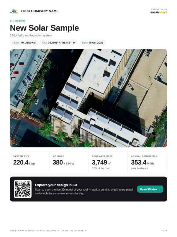 SolarDraft solar proposal, page 11 of 14: 3D design summary with aerial view and system figures